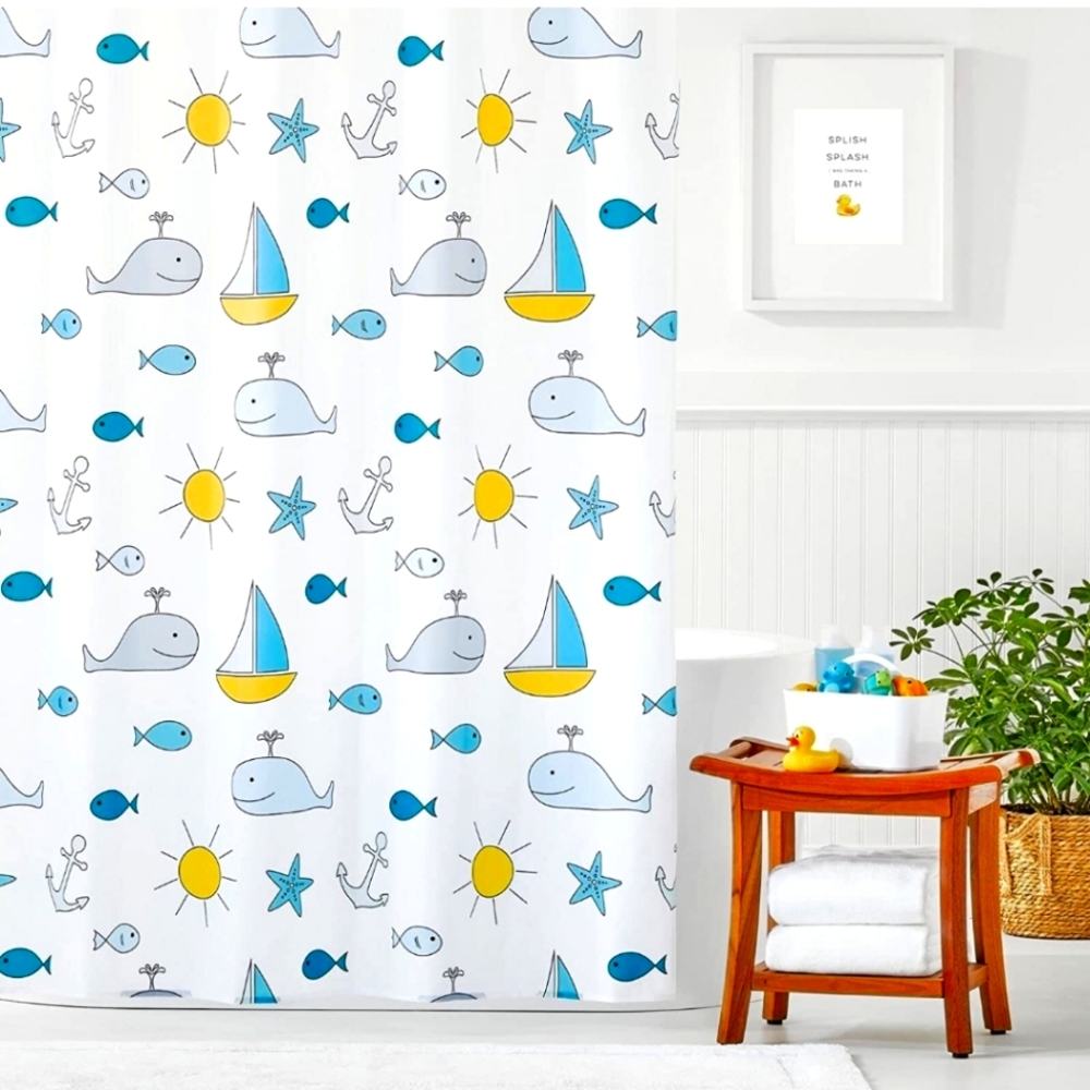 New Whales & Sail Boat Print, Easy Care Fabric Shower Curtain by mDesign